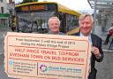 JUST THE TICKET: Councillors Bob Banks and John Smith, cabinet member responsible for highways, advertise the halfprice bus fares.