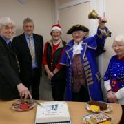 (L to R) Mayor of Pershore Julian Palfrey, Chairman of the Pershore Talking Newspaper Tony Rowley, producer and volunteer organiser Joan May, town crier Robert Speight, listener of 40 years and trustee Daphne Glover