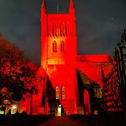Pershore Abbey was turned red for Armistice Day