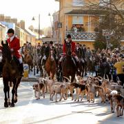 The hunt makes its way through Pershore town centre