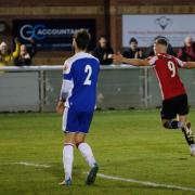 Levi Steele celebrates scoring Evesham United's third goal in the 3-1 win over Tavistock