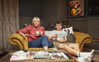 Celebrity Gogglebox: Radio 2 presenter Zoe Ball and her son Woody Cook. Picture: Channel 4/Gogglebox