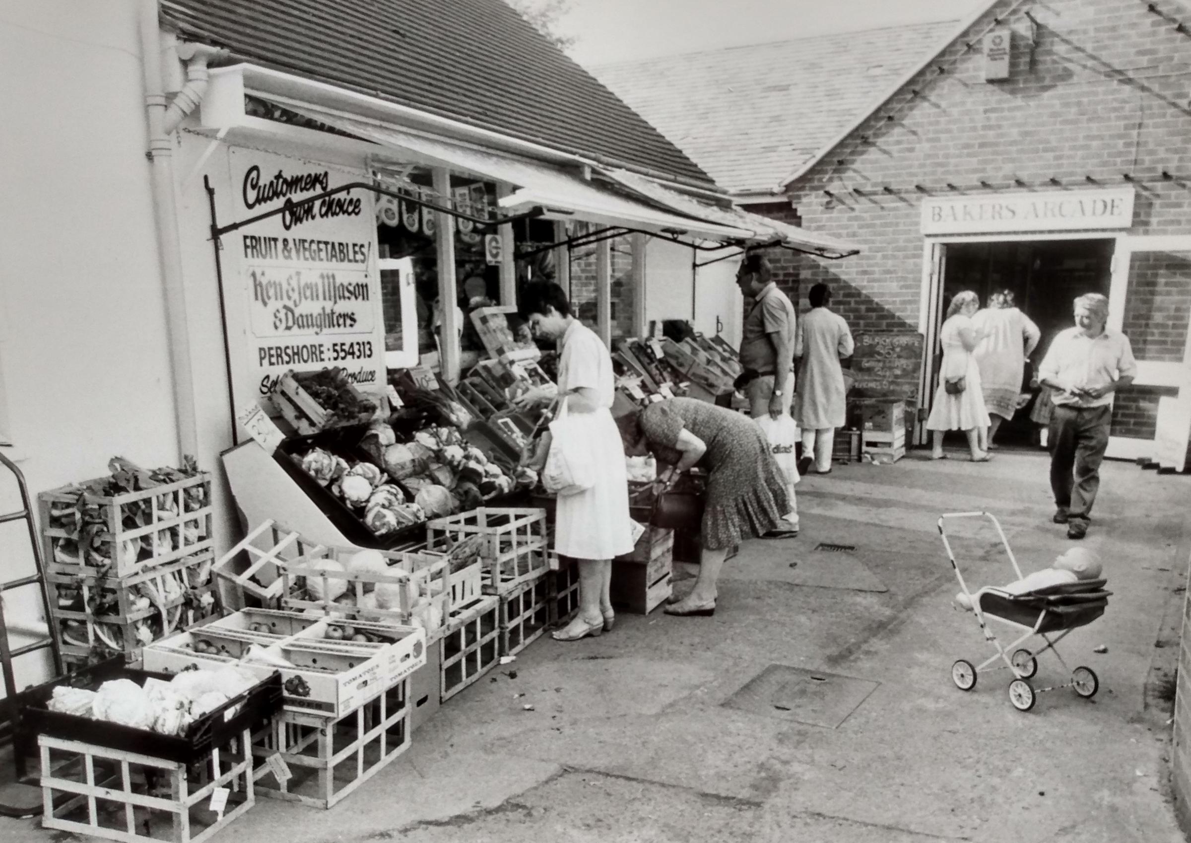 Fresh fruit and veg (and a baby doll in a pram) in September 1985 in Pershore 