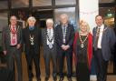 (L to R) Chairman of Worcestershire County Council Steve Mackay, Mayor of Pershore Julian Palfrey, Mayor of Stourport-on-Severn Danny Russell, Mayor of Droitwich Spa William Moy, Mayor of Evesham Sue Amor, and Chairman Wychavon District Council Robert