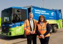 Cllr Tony Rowley, Executive Board Member for Climate Change, Environmental Policy and Regulatory Services and Cllr Emma Stokes, Executive Board Member for Resident and Customer Services in front of the electric refuse collection vehicle being trialled