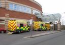 04.04.13..Worcester....Ambulances wait outside Accident and Emergency at Worcestershire Royal Hospital....