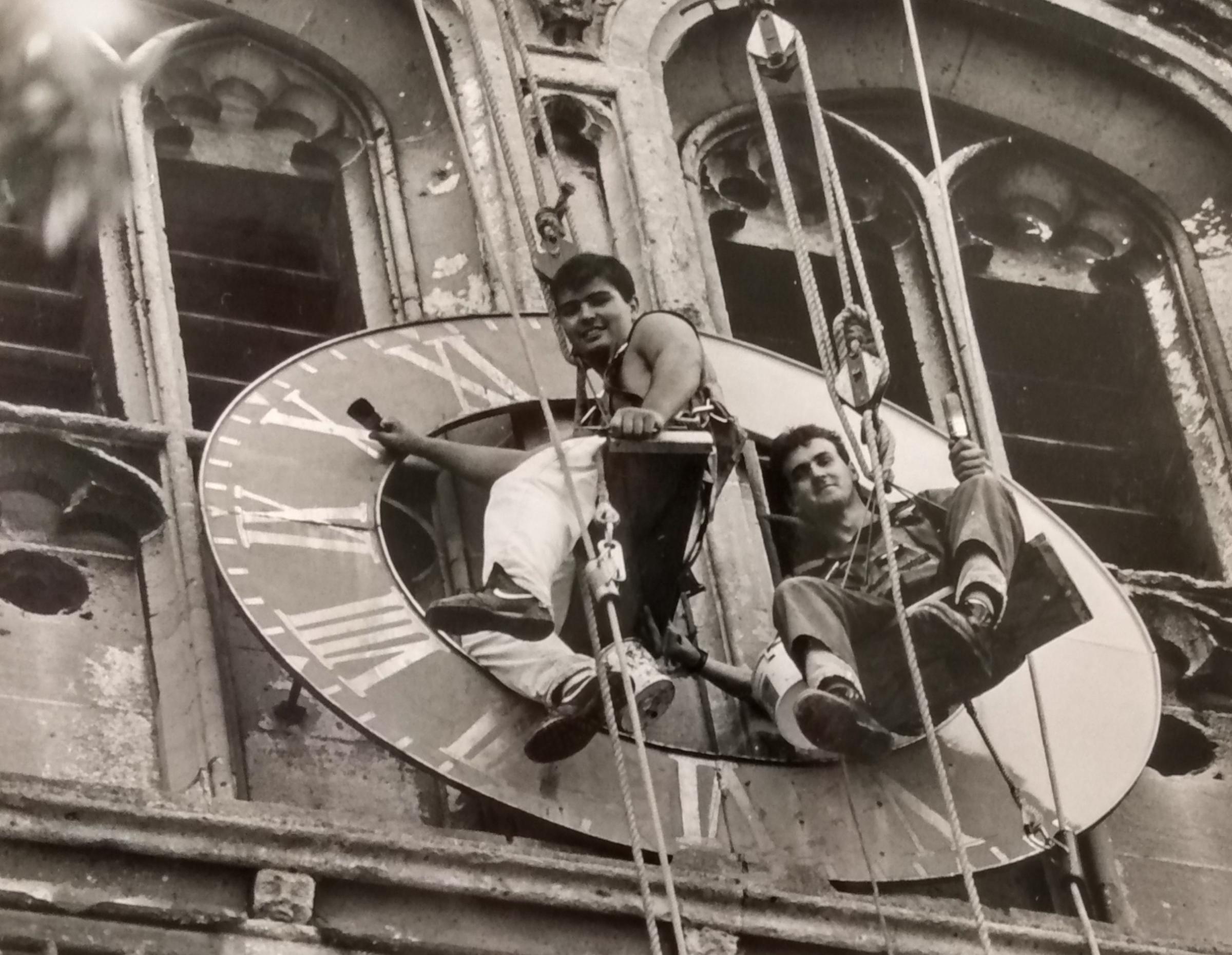 It’s August 1991 and restorers Chaz Morgan and George Edge called time on the Evesham Bell Tower clock while they carried out repairs