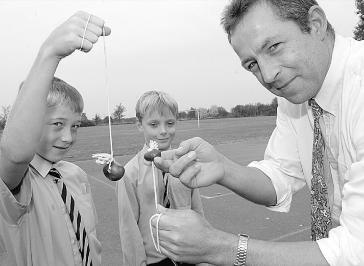 October 2002 and the game of conkers was alive and kicking at St Barnabas School in Drakes Broughton, where headmaster Charlie Lupton enjoyed the pastime as much as Joe Grisdale (left) and Elliot Bear 