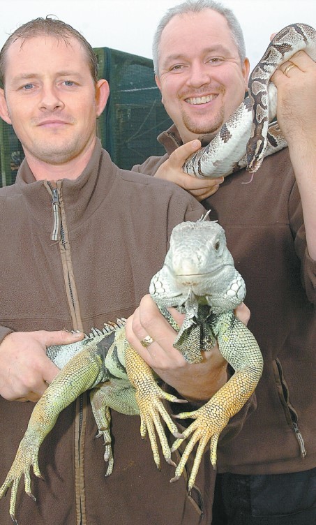  Ark Sanctuary owners Lee Wilkes and Jim Hidderley bring out Ickle the iguana and Monty the Python to celebrate the first anniversary of the sanctuary in October 2006