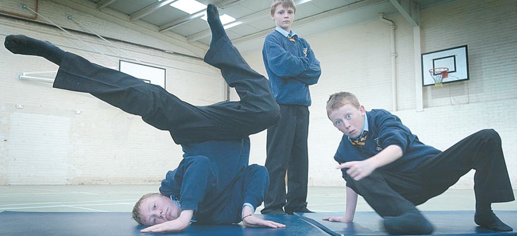 Chipping Campden School pupils Dominic Bryan, Matthew Johnson and Paddy Mafham try out a few breakdancing moves in October 2005