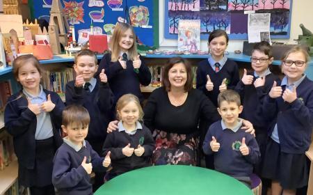 Headteacher Rosalind Bennett celebrating the positive Ofsted report with students