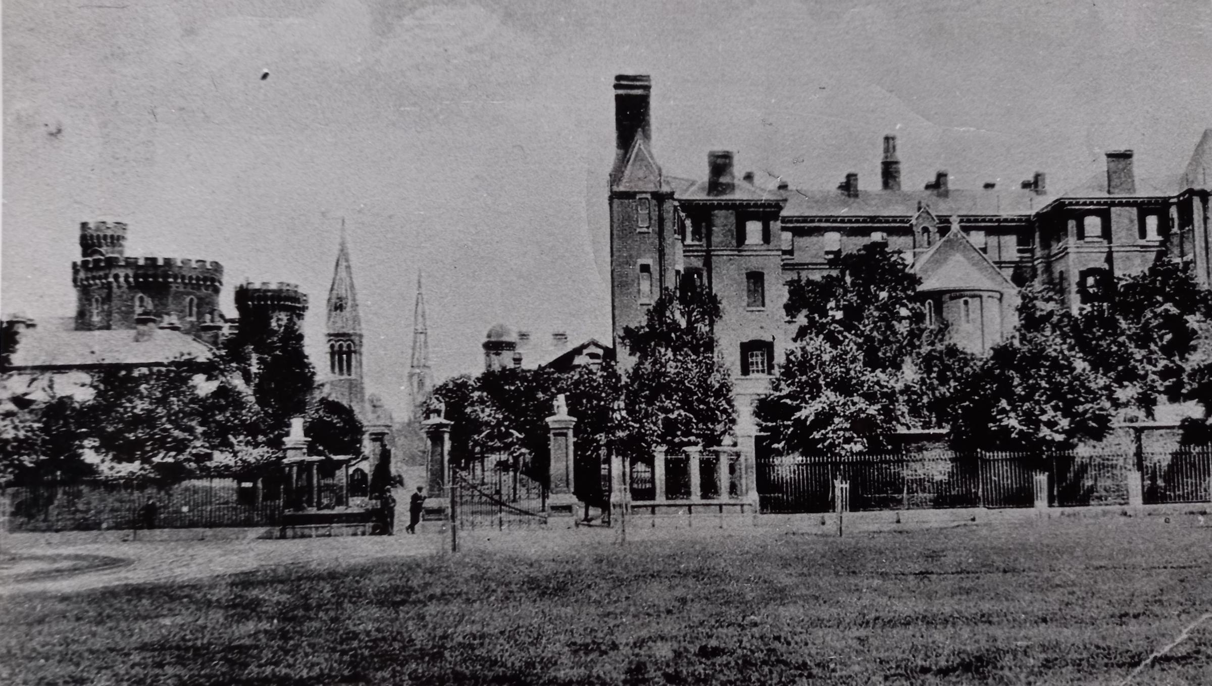 Taken from Pitchcroft in 1920, this image shows the Royal Infirmary, while opposite across Castle Street is the castellated old prison, which was to close two years later