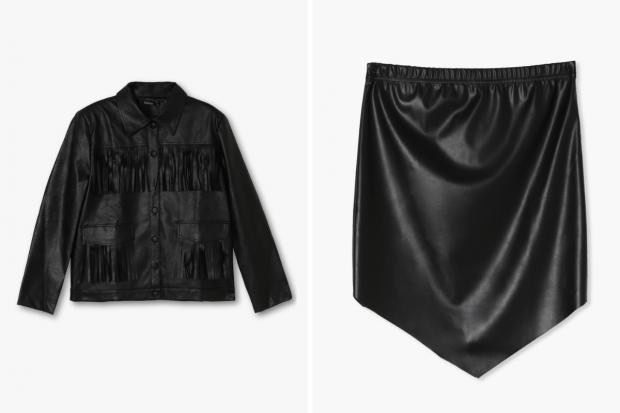 Evesham Journal: (Left) Fringe Faux Leather Jacket and (right) Pointed Hem PU Mini Skirt in black (Boohoo/Canva)