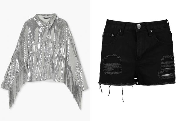 Evesham Journal: (Left) Sequin Fringe Detail Shirt and (right) Petite High Rise Distressed Denim Shorts (Boohoo/Canva)