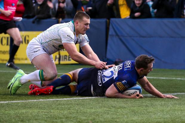 Evesham Journal: FIFTY: Ashley Beck scoring a try on his 50th appearance for Worcester against Northampton Saints in January.