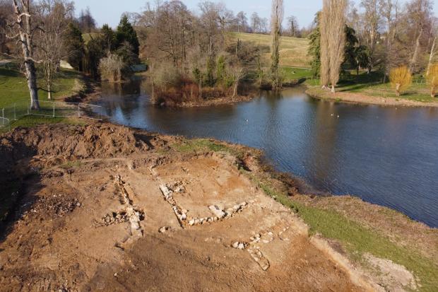 Aerial view of the stone structures associated with a 14th century water mill at Blenheim