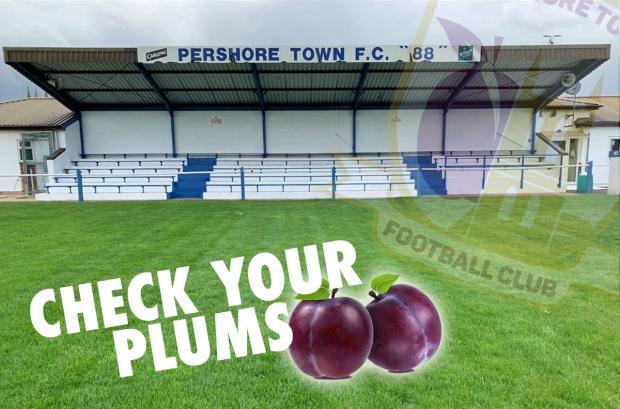 Evesham Journal: Check Your Plums is the message of Pershore Town Football Club