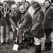 The sod-cutting ceremony in November 1976 to mark the beginning of work on the new swimming pool for Evesham. Scheduled to open on New Year’s Day 1978, the project came in ahead of time and was open for use in December 1977. Sticking the spade in