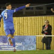 Evesham United's Kyle Belmonte celebrates scoring from the half-way line in the 1-0 win over Willand Rovers