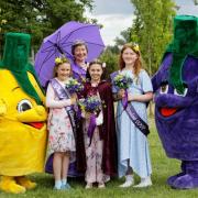 Prunella the Pershore Purple Plum, Eggbert the Yellow Egg Plum, Queen Victoria & the Plum Princess and her attendants at the 2022 festival.
