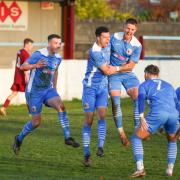 Pershore Town players celebrate during 2-1 win over Mangotsfield United