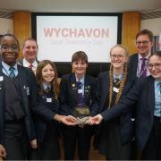Pershore High School students with Cllr Robert Raphael, chairman of Wychavon District Council and Cllr Chris Day, leader of Wychavon District Council